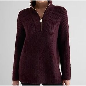 Express Burgundy Fuzzy Knit Quarter Zip Sweater Tunic Women's Large Wool Blend